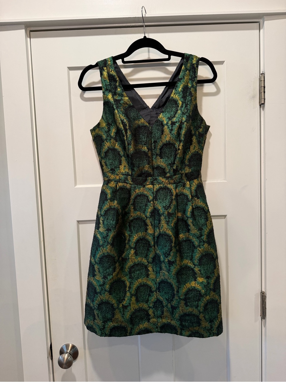 J.Crew Collection Metallic Green Jacquard Fit & Flare Dress Size 4 - Picture 2 of 10